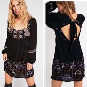 FREE PEOPLE Rhiannon Black Boho Dress Purple Copper Embroidery Tie Neck Sz Small